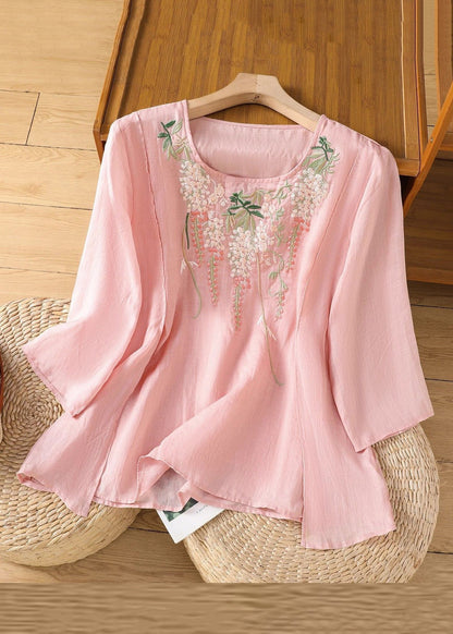 Embroidered Linen Loose Solid Bracelet Pink Sleeve Shirt T