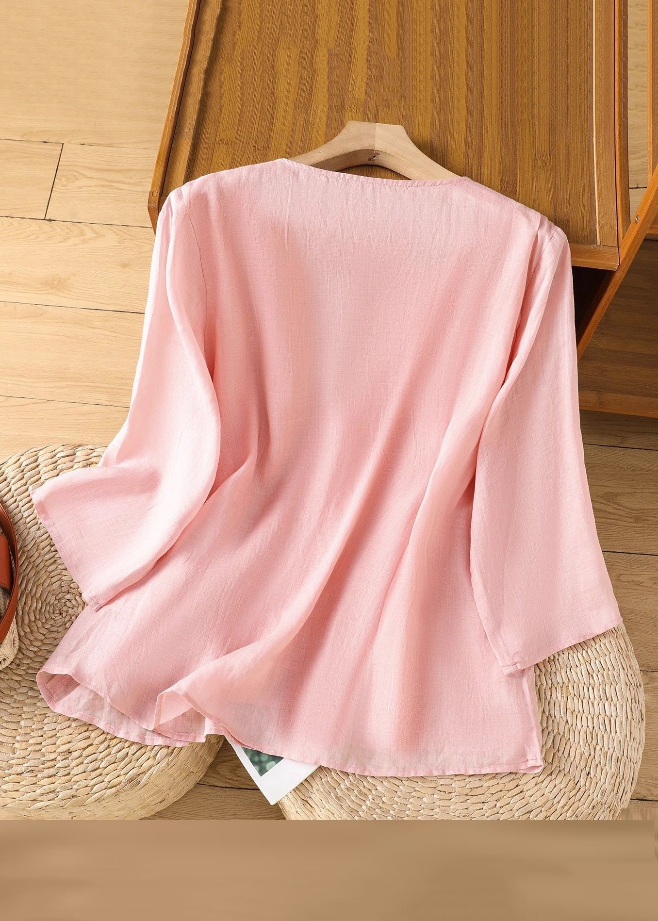 Embroidered Linen Loose Solid Bracelet Pink Sleeve Shirt T