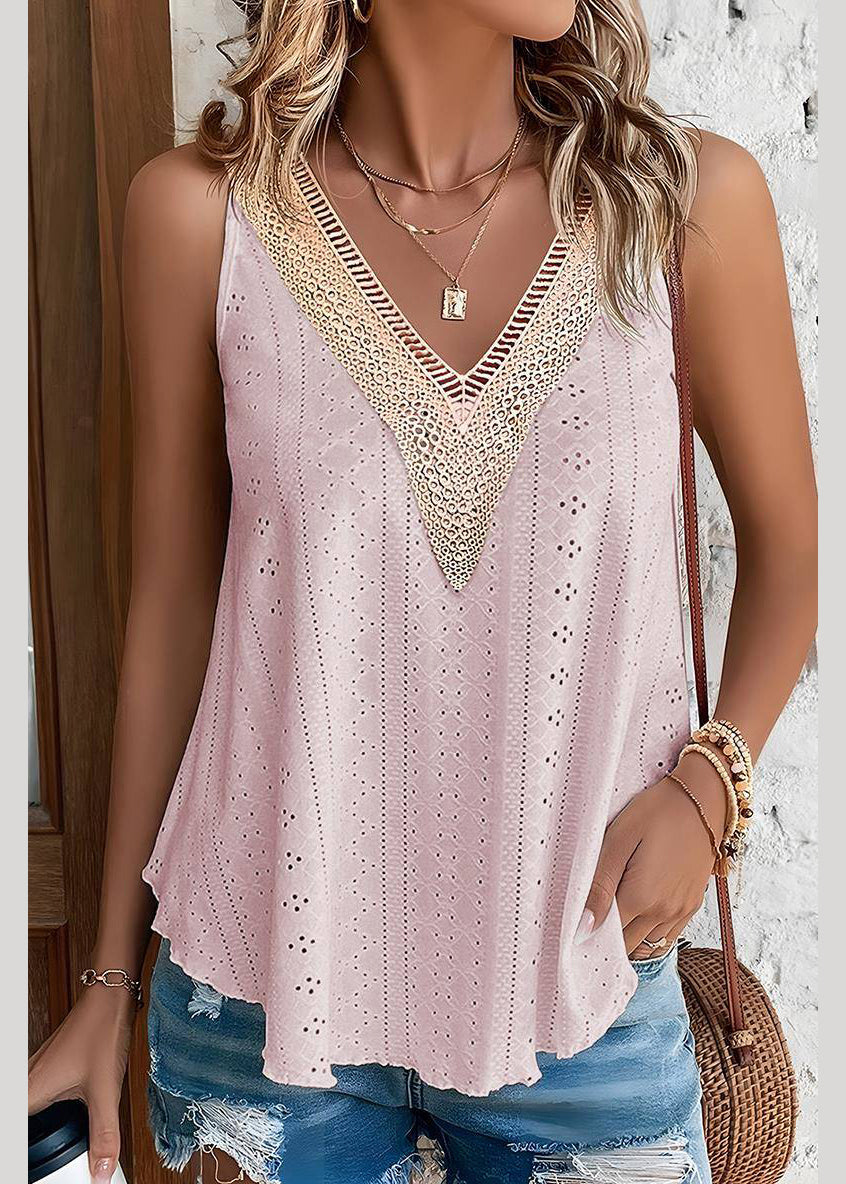 Sleeveless Hollow Out Pink Tank Loose Thin