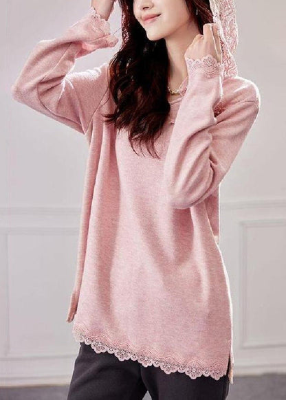 Hooded Knit Patchwork Shirt Tops Loose Pink Lace Spring