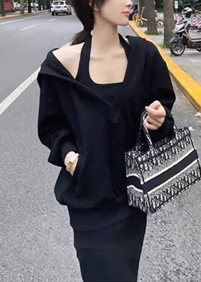 Loose Pink Hooded Pockets Tops And Dress Cotton Two Pieces Set Spring YT001