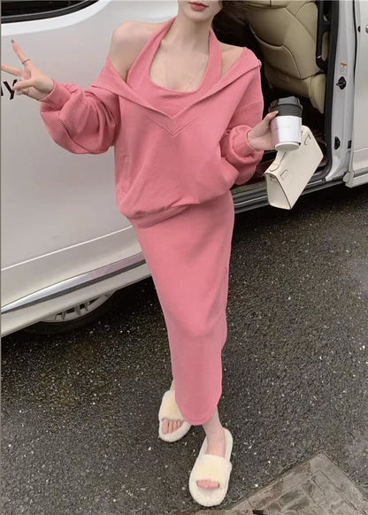 Loose Pink Hooded Pockets Tops And Dress Cotton Two Pieces Set Spring YT001