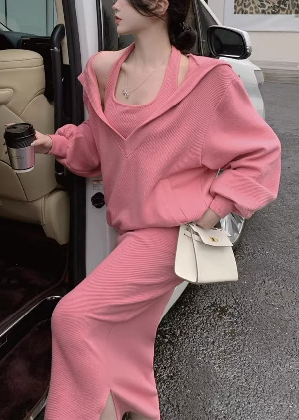 Loose Pink Hooded Pockets Tops And Dress Cotton Two Pieces Set Spring YT001