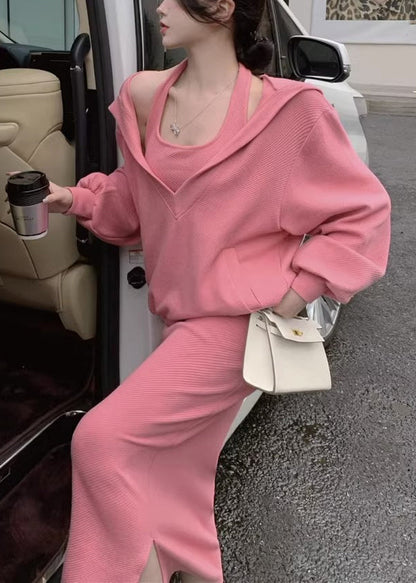 Loose Pink Hooded Pockets Tops And Dress Cotton Two Pieces Set Spring YT001