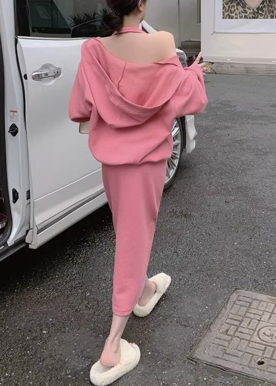 Loose Pink Hooded Pockets Tops And Dress Cotton Two Pieces Set Spring YT001