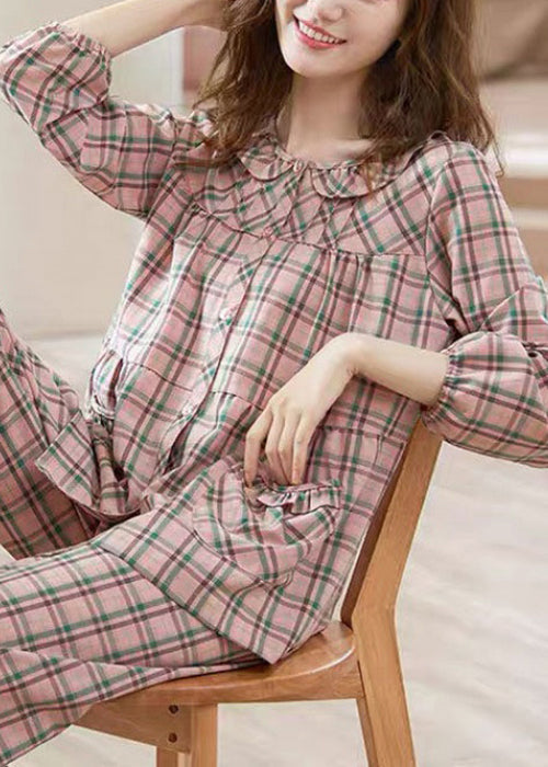 Two Loose And Pajamas Shirts Pink Pockets Cotton Pants Plaid