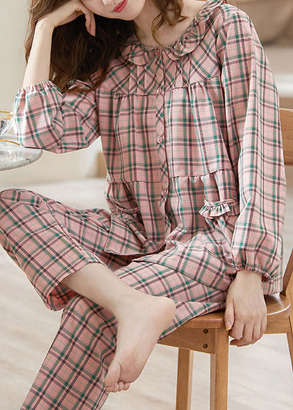 Two Loose And Pajamas Shirts Pink Pockets Cotton Pants Plaid