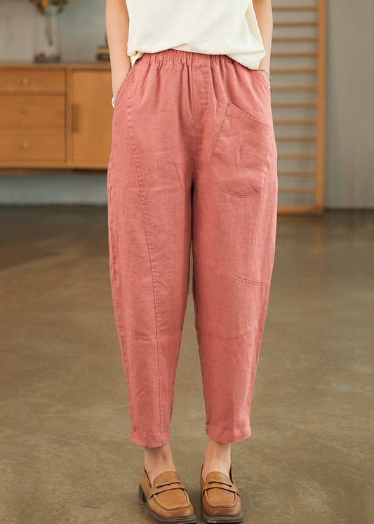 Summer Crop Loose Pants Solid Linen Pink Pockets