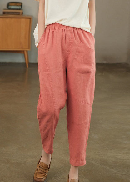 Summer Crop Loose Pants Solid Linen Pink Pockets