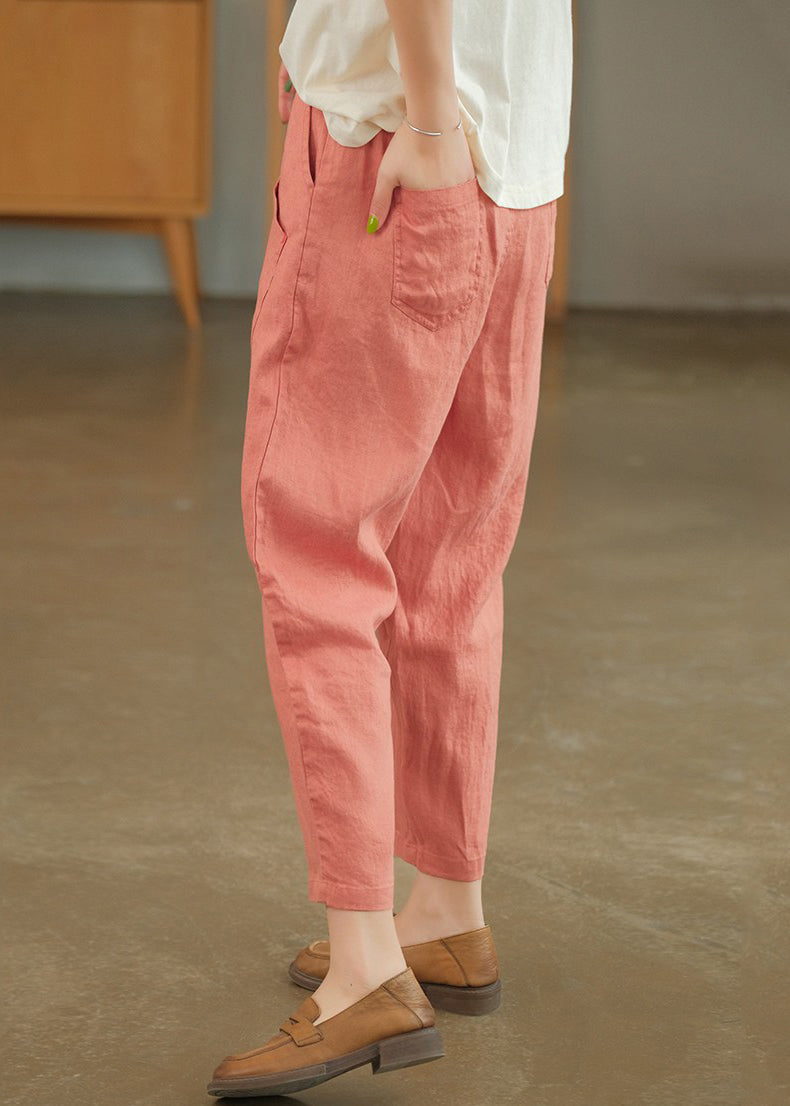 Summer Crop Loose Pants Solid Linen Pink Pockets