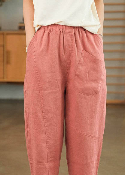 Summer Crop Loose Pants Solid Linen Pink Pockets