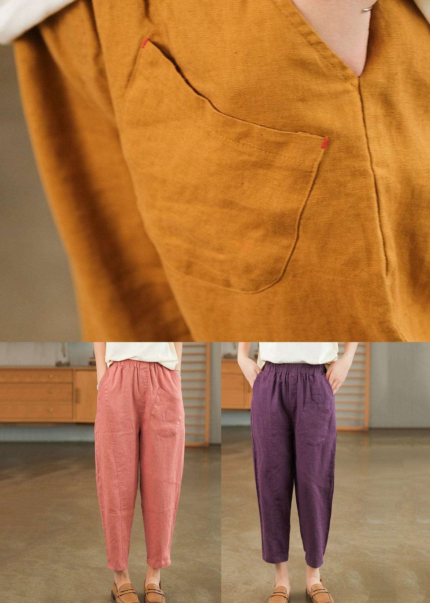 Summer Crop Loose Pants Solid Linen Pink Pockets