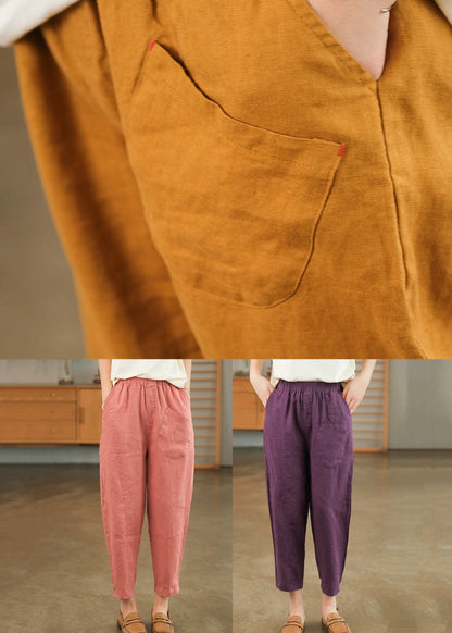 Summer Crop Loose Pants Solid Linen Pink Pockets
