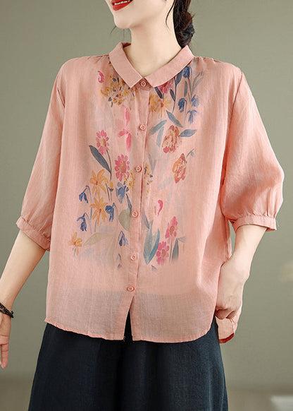 Blouses Half Sleeve Loose Linen Print Button Pink