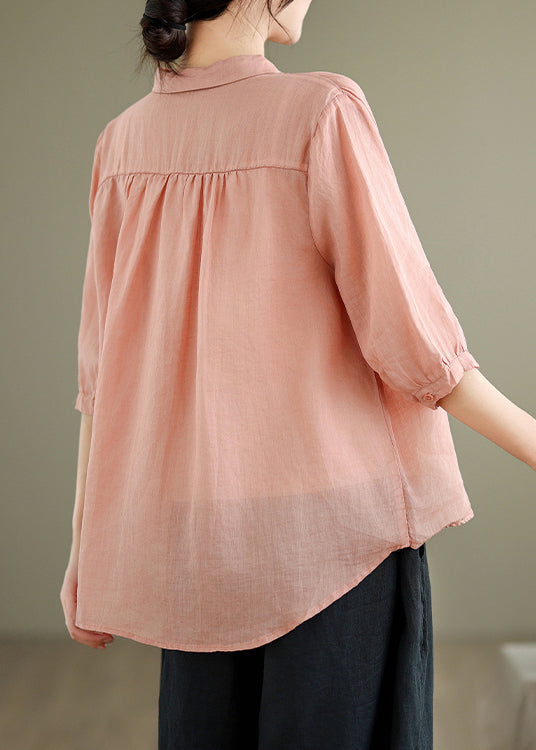 Blouses Half Sleeve Loose Linen Print Button Pink