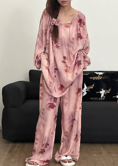Print Pajamas Up Loose Fall Piece Pink Two Lace Cotton Set