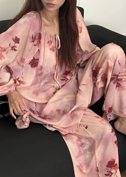 Print Pajamas Up Loose Fall Piece Pink Two Lace Cotton Set
