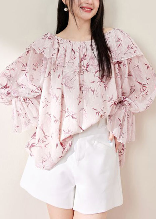 Loose Pink Ruffled Print Chiffon Shirt Flare Sleeve KK018