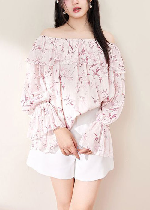 Loose Pink Ruffled Print Chiffon Shirt Flare Sleeve KK018