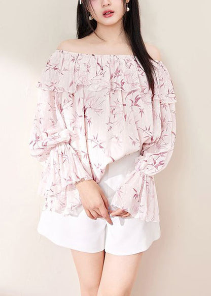 Loose Pink Ruffled Print Chiffon Shirt Flare Sleeve KK018