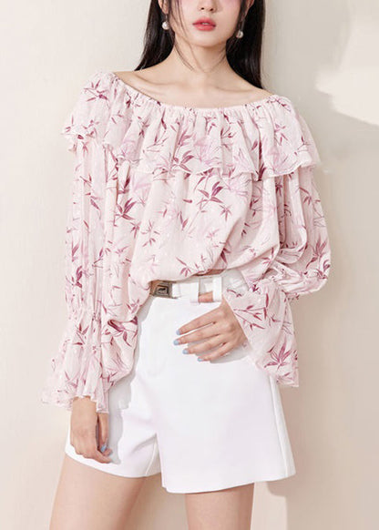 Loose Pink Ruffled Print Chiffon Shirt Flare Sleeve KK018