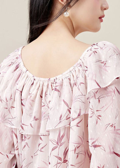 Loose Pink Ruffled Print Chiffon Shirt Flare Sleeve KK018