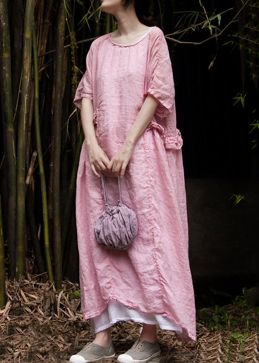 Loose Pink Ruffled Solid Linen Two Pieces Set Summer MN084