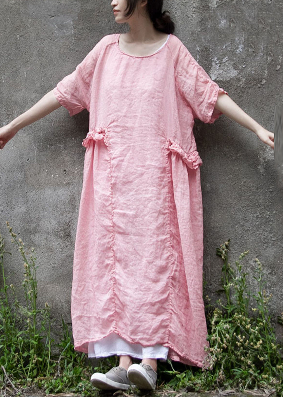 Loose Pink Ruffled Solid Linen Two Pieces Set Summer MN084