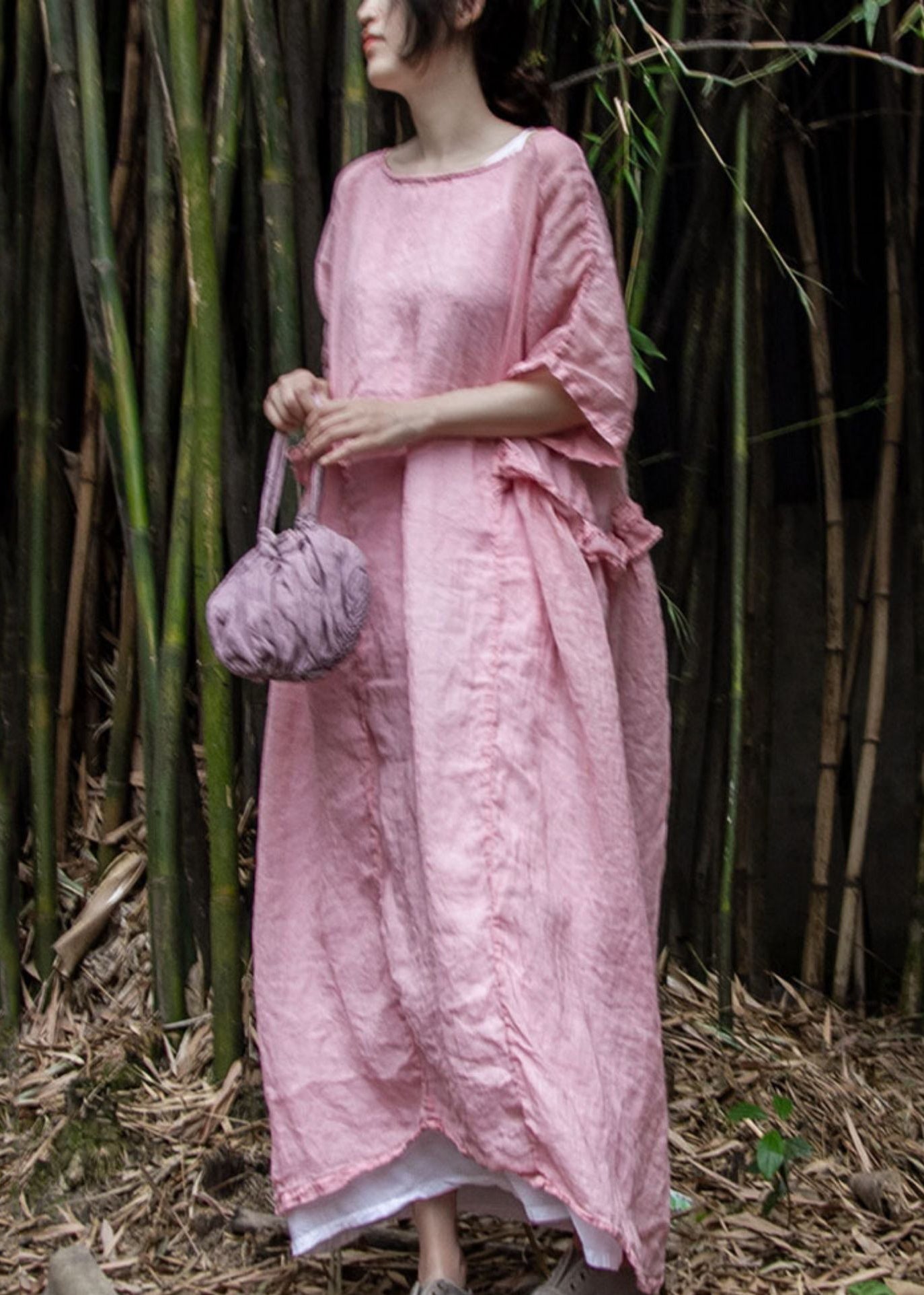 Loose Pink Ruffled Solid Linen Two Pieces Set Summer MN084