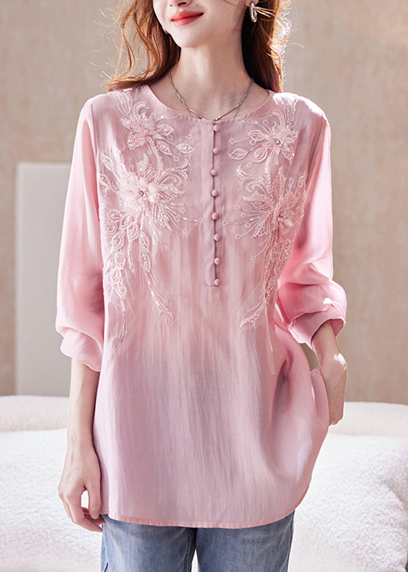 Top Long Pink Sleeve Bead Nail Shirt Sequins Chiffon Loose