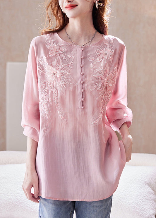 Top Long Pink Sleeve Bead Nail Shirt Sequins Chiffon Loose