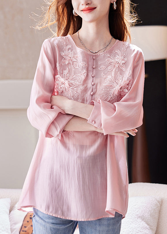 Top Long Pink Sleeve Bead Nail Shirt Sequins Chiffon Loose