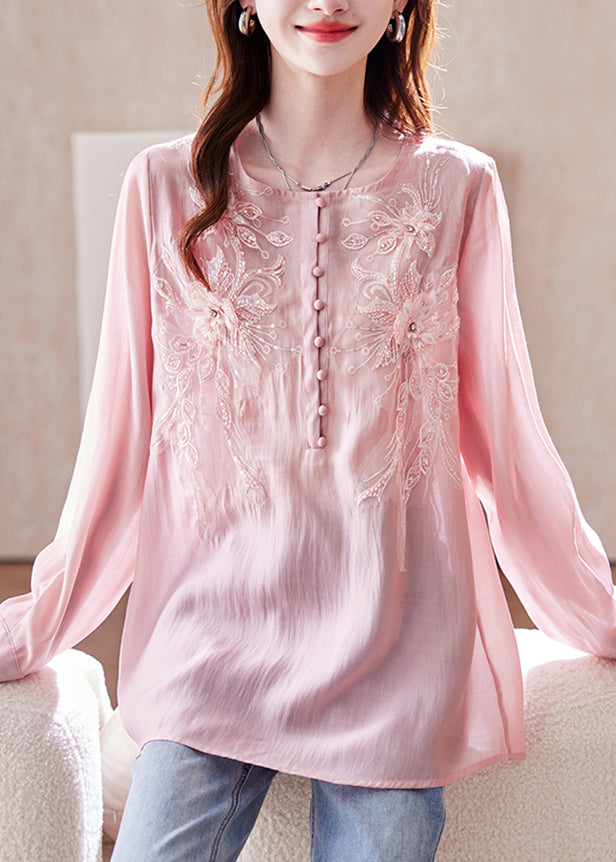 Top Long Pink Sleeve Bead Nail Shirt Sequins Chiffon Loose