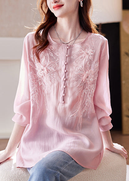 Top Long Pink Sleeve Bead Nail Shirt Sequins Chiffon Loose