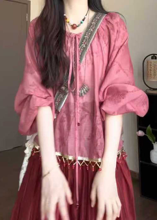 Pink Loose Lace Up Shirt Fall Tasseled Cotton
