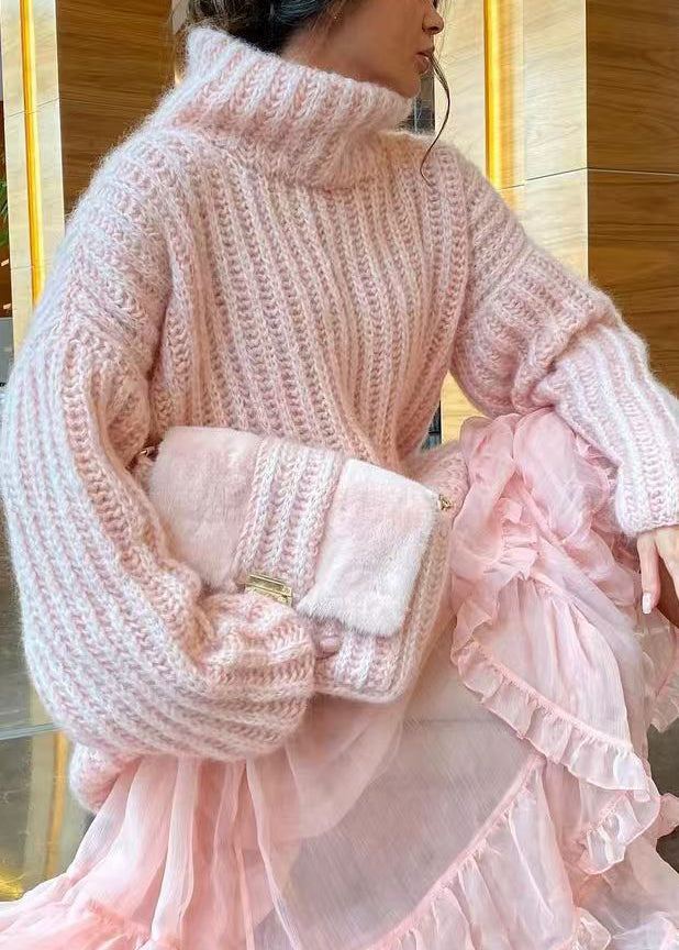 Loose Pink Turtleneck Solid Knit Sweaters Spring TF005