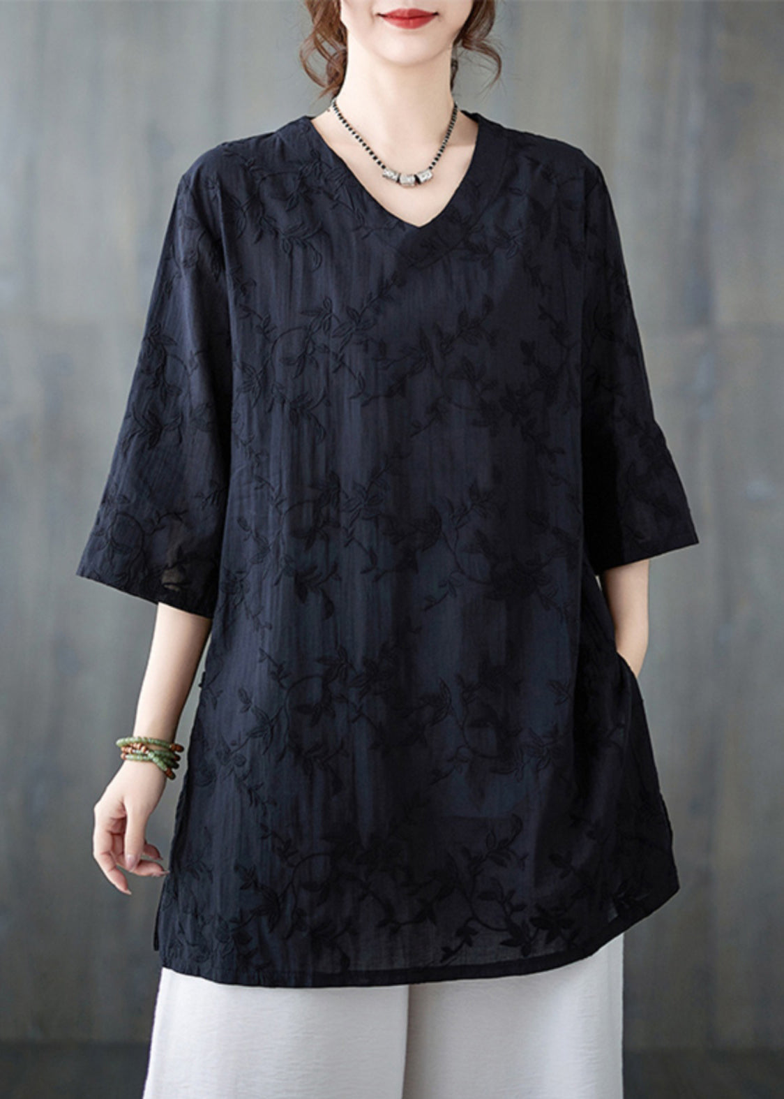 Neck V Bracelet Pink Sleeve Cotton Loose Top Embroidered