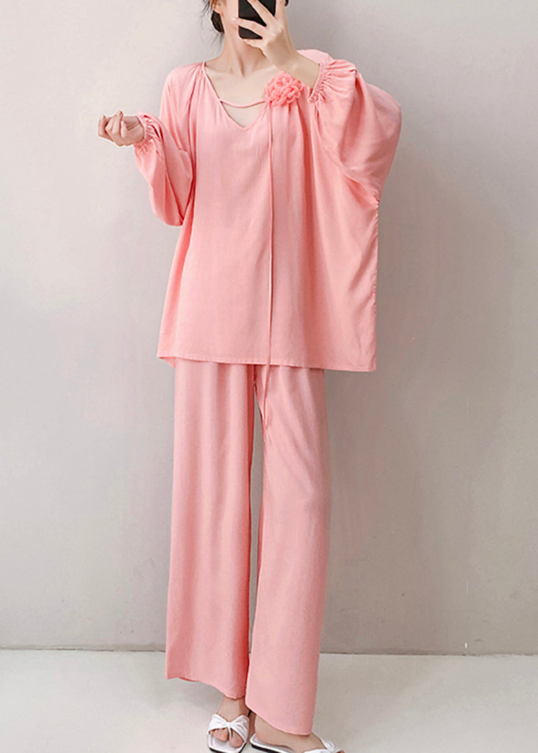 Pajamas Loose Pink Two Neck Floral V Fall Piece Set Cotton