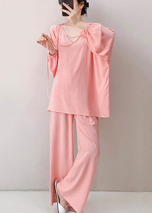 Pajamas Loose Pink Two Neck Floral V Fall Piece Set Cotton