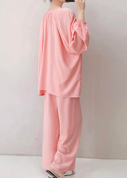 Pajamas Loose Pink Two Neck Floral V Fall Piece Set Cotton