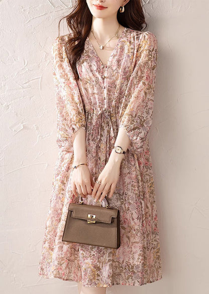 V Chiffon Dress Loose Summer Neck Print Drawstring Pink