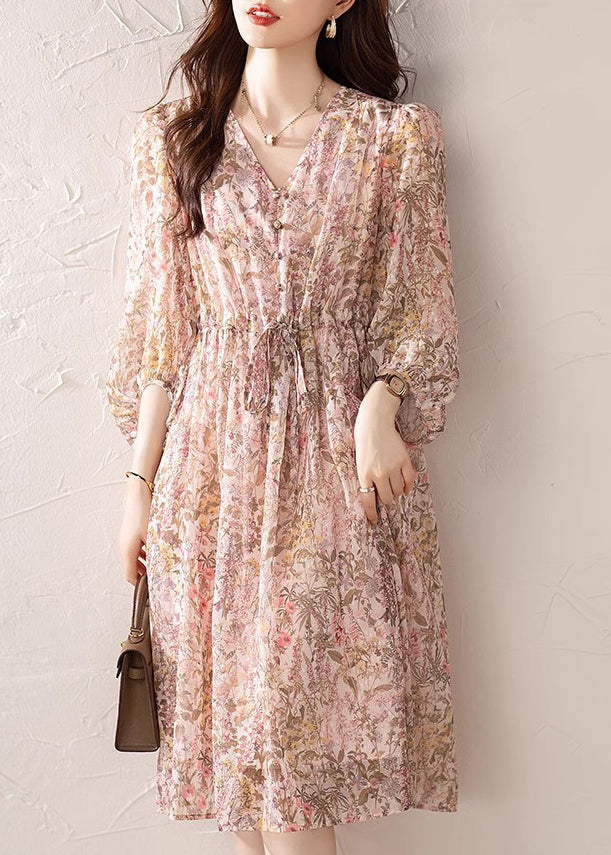 V Chiffon Dress Loose Summer Neck Print Drawstring Pink