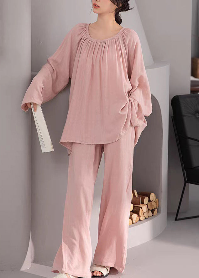 Two-Piece Solid Pink Cotton Fall Loose Pajamas Set Wrinkled
