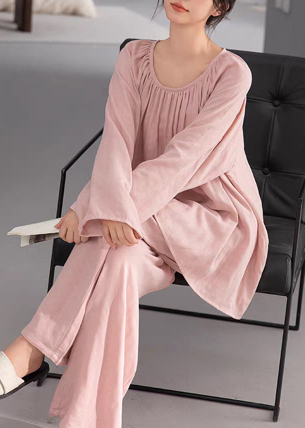 Two-Piece Solid Pink Cotton Fall Loose Pajamas Set Wrinkled