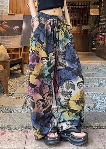 Loose Print Pants Summer Drawstring Cotton Pockets