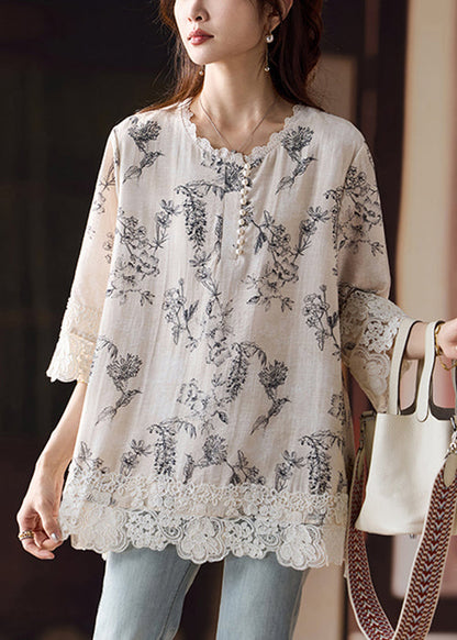 Side Blouses Loose Patchwork Open Cotton Lace Print Bracelet