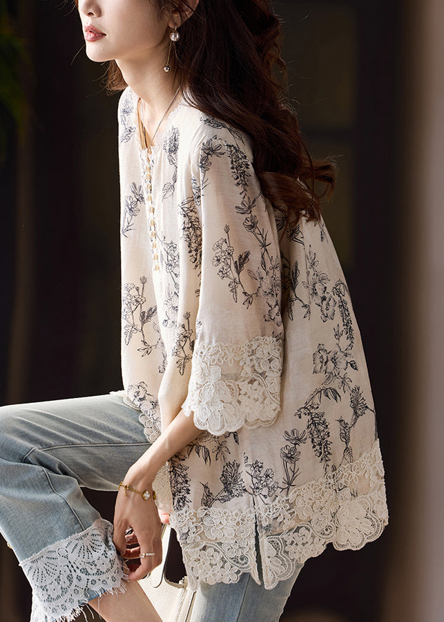 Side Blouses Loose Patchwork Open Cotton Lace Print Bracelet