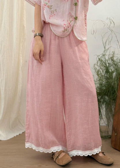 Leg Pants Wide Patchwork Waist Loose Linen Purple Lace Elastic