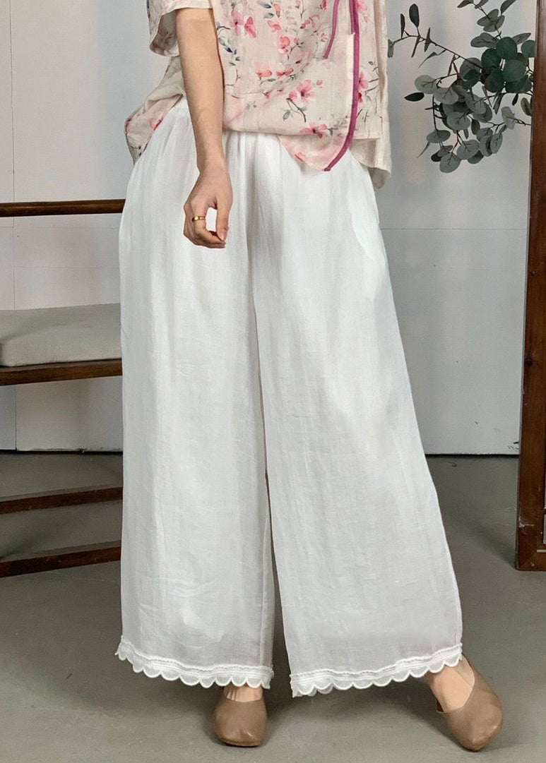 Leg Pants Wide Patchwork Waist Loose Linen Purple Lace Elastic