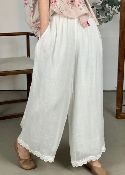 Leg Pants Wide Patchwork Waist Loose Linen Purple Lace Elastic